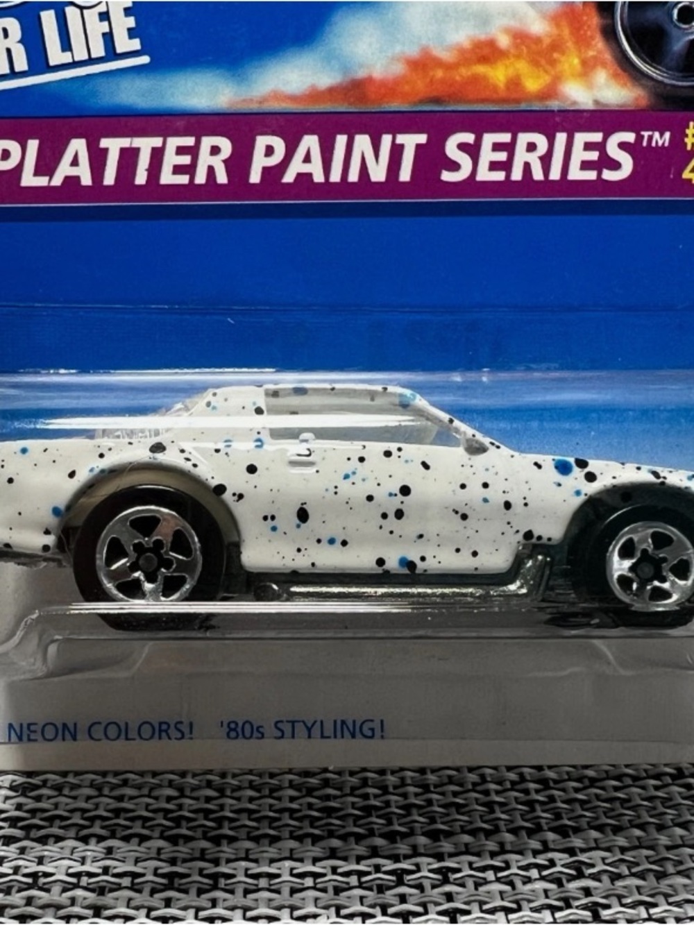 Mattel Splatter Paint Series White Toy Car with Blue and Black Accents